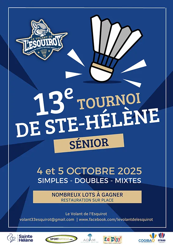 Affiche du tournoi sénior 2025 du Club de badminton Volant Esquirot de Sainte-Hélène