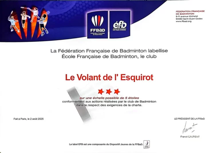 Certificat Ecole badminton 2025