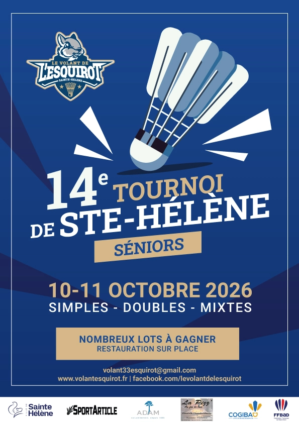 Affiche du tournoi sénior 2026 du Club de badminton Volant Esquirot de Sainte-Hélène